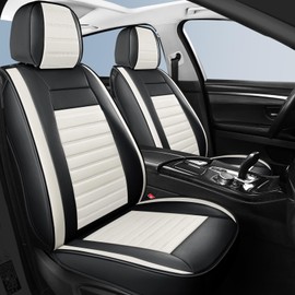HChengkikz Car Seat Covers Front Pair,Breathable Nappa Leather Seat Covers for Cars,Universal Auto Interiors Car Seat Cushions for Most Sedans SUV Truck(Style2,2 PCS Front Seat,Black+Cream)