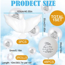Funeral Favors Set: White Memorial Balloons, Dove Balloons, White Ribbons 46 Pieces, 12" Balloons, 55x103 cm Doves, Thoughtful Tribute for Memorial Services