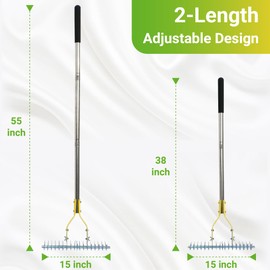 Thatch Rake for Lawn, 15 Inch Lawn Dethatcher with Dual-Edge Steel Head, Efficient Grass and Debris Removal Tool with Adjustable Metal Handle and Non-Slip Sponge Grip