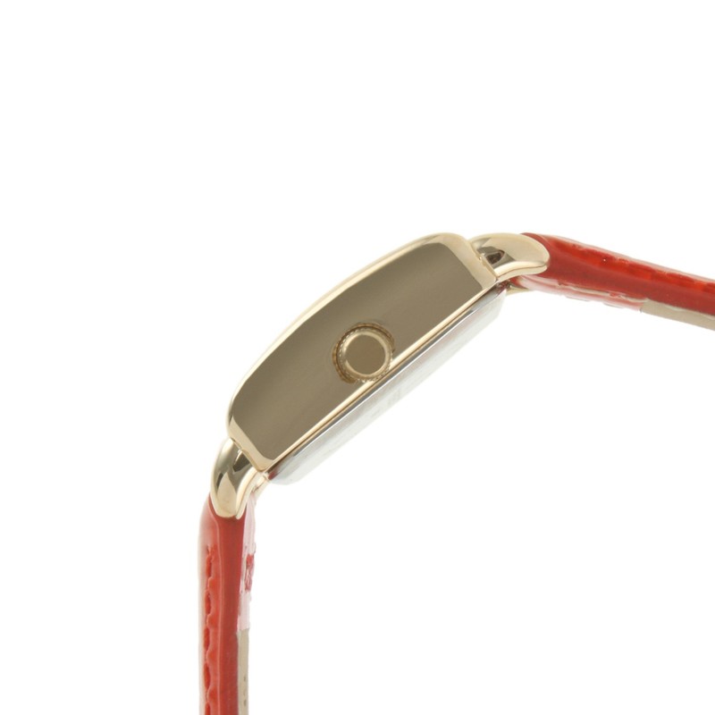 Peugeot Ladies Mini Square Crystal Gold-Tone Dial Blood Orange Red