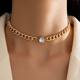 Yienate Gold Cuban Link Chain Choker Necklace Vintage Teardrop Rhinestone Pendant Necklace Punk Chunky Clavicle Chain Choker Statement Rock Thick Necklace Jewelry for Women and Girls