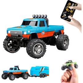 YRounee 1:64 Mini RC Monster Truck with LED Lights | 2.4GHz Off-Road Remote Control Car | 3 Speed Adjustable, USB Rechargeable Alloy RC Truck for Kids & Adults Indoor/Outdoor Racing (Orange Blue)