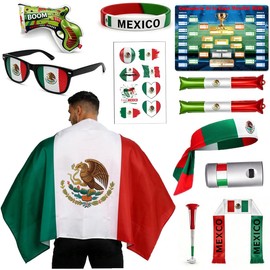 12 PCS Aficionados al Fútbol para Copa Mundial 2026 México,Incluye Bufanda,Gafas,Pulsera,Bandera Mexicana,Accesorios Aplaudir y Pintura Facial, Pegatinas, pañuelos, bocinas aire, pistolas de confeti