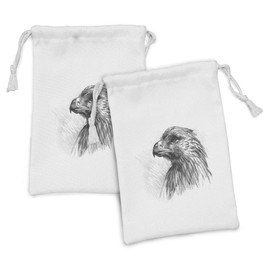 Lunarable Black and White Fabric Pouch Set of 2, Animal Theme Hand Drawn Illustration of an Eagle Design Print, Small Drawstring Bag for Toiletries Masks and Favors, 9" x 6", Black and White