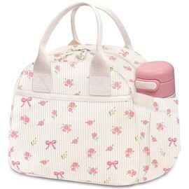 Carry bloom Lunch Box for Women, Insulated Lunch Bag Cute Corduroy Lunchbag Reusable Lunchbox for Work (flower bow beige)