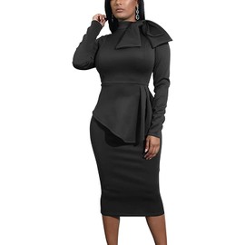 Women's Fashion Peplum Bodycon Long Sleeve Work Dresses Bow Club Ruffle Pencil Formal Cocktail Dress