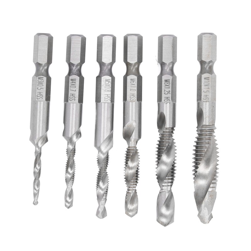 6PCS Hex Shank Combination Drill Tap 3 in 1 HSS