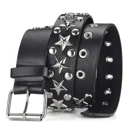 GIMIRO Punk Belt Women's Belt for Jeans, Waistband for Coat, Hollow Rivet Belt, Double Row of Star Holes, Sturdy Square Buckle with 2 Pins, Black - Big Star Between Dots Revet