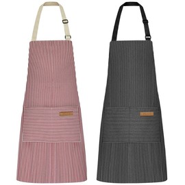 NLUS 2 Pack Kitchen Cooking Aprons, Adjustable Bib Soft Chef Apron with 2 Pockets for Men Women (Black Pinstripes/Pink Pinstripes)
