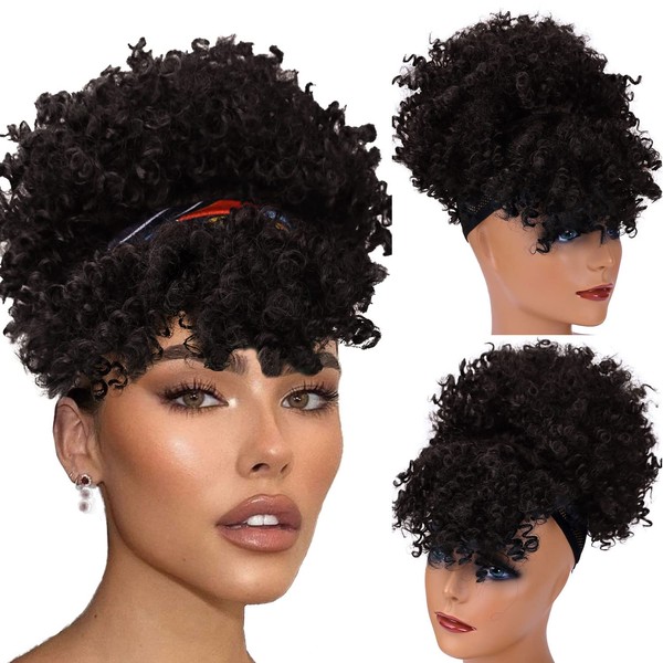 Afro High Puff Hair Bun Ponytail Drawstring with Bangs, Afro Puff Drawstring Ponytail with Bangs, Curly Pineapple Ponytail Clip in One Wrap, Drawstring Ponytail with Bangs (Color: #2)