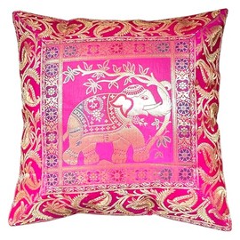 Original Kikan Indian Elephant Mandala Silk Cushion Covers Sari Brocade Boho Home Decor Cushion- Pillow Cases 16”x16” Zip Closure Banarsi | Ethnic - Handmade - Patchwork (pink)