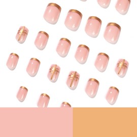 Christmas Press on Nails Short, Gold French Christmas Bowknot Fake Nails with Design Square Glue on Nails for Women New Year Acrylic False Nail Kits Static Stick on Nails Reusable Full Cover 24Pcs