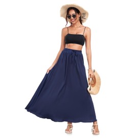 VOGMATE Long Women's Leopard Elegant A Line Skirts Elastic Waist Casual Skirt Maxi Skirt with Drawstring Plain Long Skirt, Naval of War