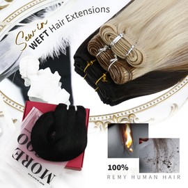 Moresoo Sew in Hair Extensions Human Hair Blonde Highlight Hair Wefts Human Hair Sew in Extensions Medium Brown Highlighted with Blonde Double Weft Human Hair Weft Extensions 16 Inch 100Gram