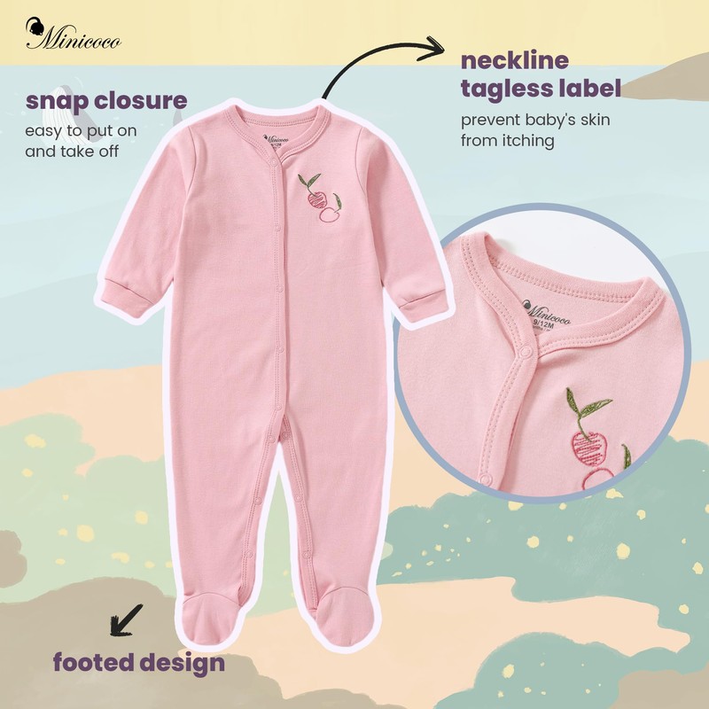 100% Cotton Unisex Baby Footed 2PCS, Baby Girl Footies, 0-12