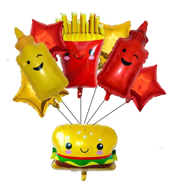8PCS Hamburger Hot Dog Ketchup Bottles Mustard Bottles Foil Mylar Balloons Food Balloons for Birthday Barbecue Picnic Cookout Fast Food Snacks Baby Shower Party Decorations