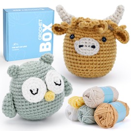 Crochet Box Crochet Kit for Beginner, Highland Cow and Owl Learn How to Crochet Stuffed Animals Gift for Adults and Kids(12+), Knitting Set with Yarn Hook Stitch-by-Stitch Video Tutorial