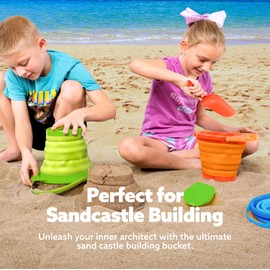 JOYIN 3 Paquetes Cubos Plegables con Palas y Bolsa de Malla, Cubos Plegables Multiusos para Playa, Equipo de Campamento, Fiesta en la Playa, Pesca y Actividades Divertidas de Verano (Naranja/Azul