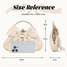 SUKUTU Bow Knot Clutch for Women Lolita HandBag Pearl Necklace Evening Handbag Satin Mesh Clutch Bag, apricot