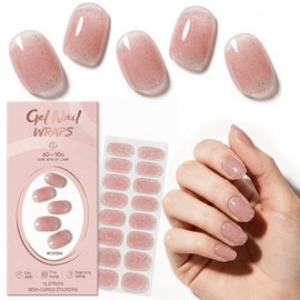 Semi Cured Gel Nail Strips, Ombre Pink Jelly Glitter Gel Nail Wraps, Works with Any UV Lamps, Salon Quality Long Lasting Nail Stickers-32Pcs