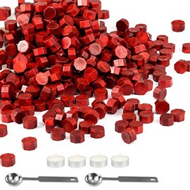 Mornajina 360 Pieces Metallic Red Sealing Wax Beads, Octagon Wax Seal Beads Kits for Wax Seal Stamp, with 2 Wax Sealing Stamp Melting Spoons and 4 Candles