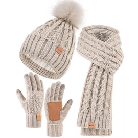 Womens Beanie Hat Scarf Gloves Set, Soft Fleece Lined Winter Hat with Pom Pom, Long Knit Scarf Neck Warmer Touchscreen Gloves for Cold Weather, 3 in 1 Warm Set(F01) Oatmeal