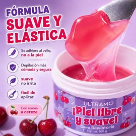 ULTRAMO Cera Depilatoria Suave 1pzs Depilacion Sin Dolor, Facil Dne Calentar Que Deja La Piel Limpia Y Suave, Para Cuerpo Completo Y Areas Sensibles, 100g (Cereza)