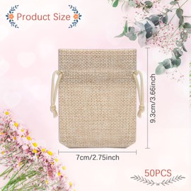 Lweiiws Burlap Gift Bags, 50 Pieces Small Gift Bags with Drawstring, 9 x 7 cm, Reusable Burlap Bags, Candy Bags for Party, Brithday, Wedding, Christmas, Jewelry, Art and DIY Craft.