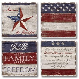 Thirstystone Americana 4-Pack Assorted Tumbled Tile Stone Coasters Manufactured in The USA Absorbent Easily Wipes Clean