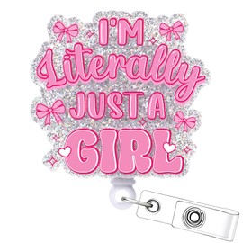 I'm Literally Just a Girl Badge Reel - Cosmisun Pink Bow Badge Reels Retractable with Alligator Clip Glitter Coquete ID Badge Holder for Nurses Nursing Student RN CNA Medical Worker Teacher Office