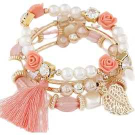 Carufin Add to Wish List Crystal Multilayer Pearl Bracelets Elasticity Bracelet with Tempered Tassels Hand Accessories Jewelry for Women and Girls (Pink)