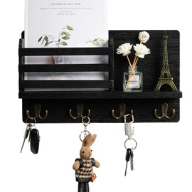 DALEMHOME Key and Mail Holder for Wall, Decorative Mail Organizer Wall Mount with 4 Hooks, Wooden Key Rack with Shelf for Entryway, Black HKKS1002BK