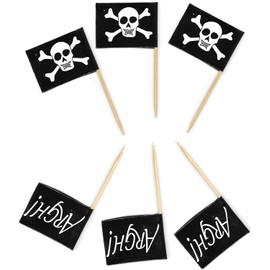SHATCHI 12154 Pirate Flag Wooden Tooth Picks Cocktail Sticks, Pack of 50, Black