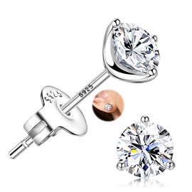 Sllaiss Sterling Silver Stud Earrings for Women AAAAA+ Cubic Zirconia Stud Earrings 925 Silver Studs Earrings White Gold Plated Zirconia Cartilage Earrings Silver 5MM