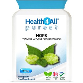 Hops 400mg 60 Capsules (V) .(not Tablets) Purest: no additives. Vegan Capsules for Anxiety, Stress and Sleep. Made in The UK by Health4All