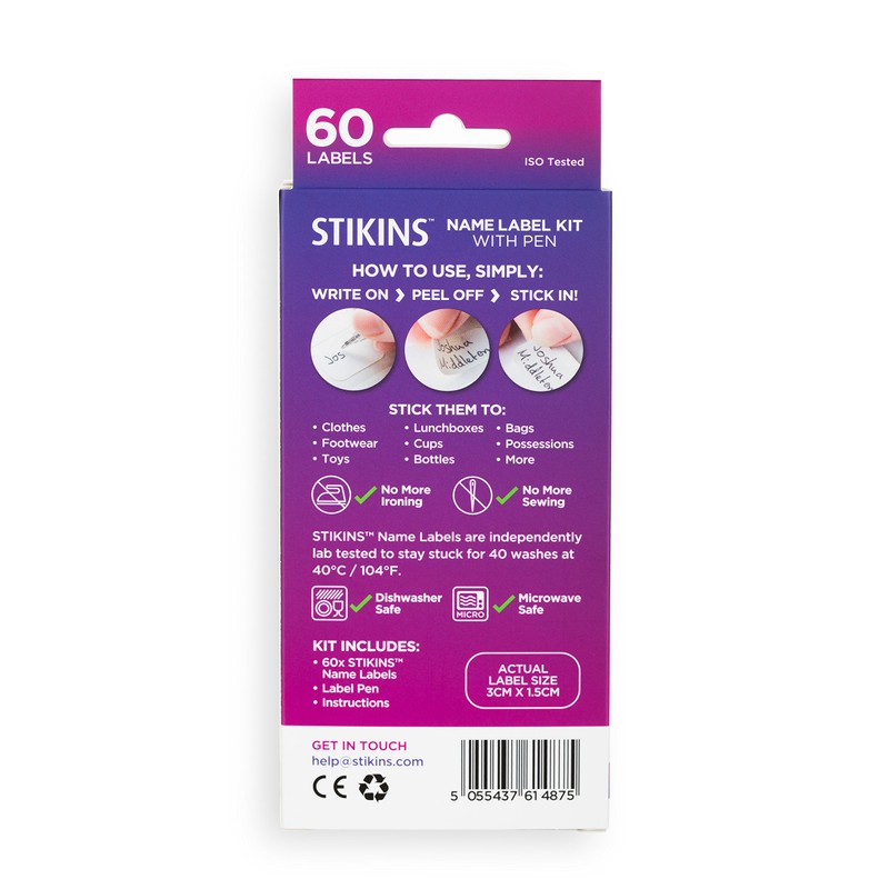 STIKINS® Name Label Kit with Pen, 60x Plastic Write-On Labels