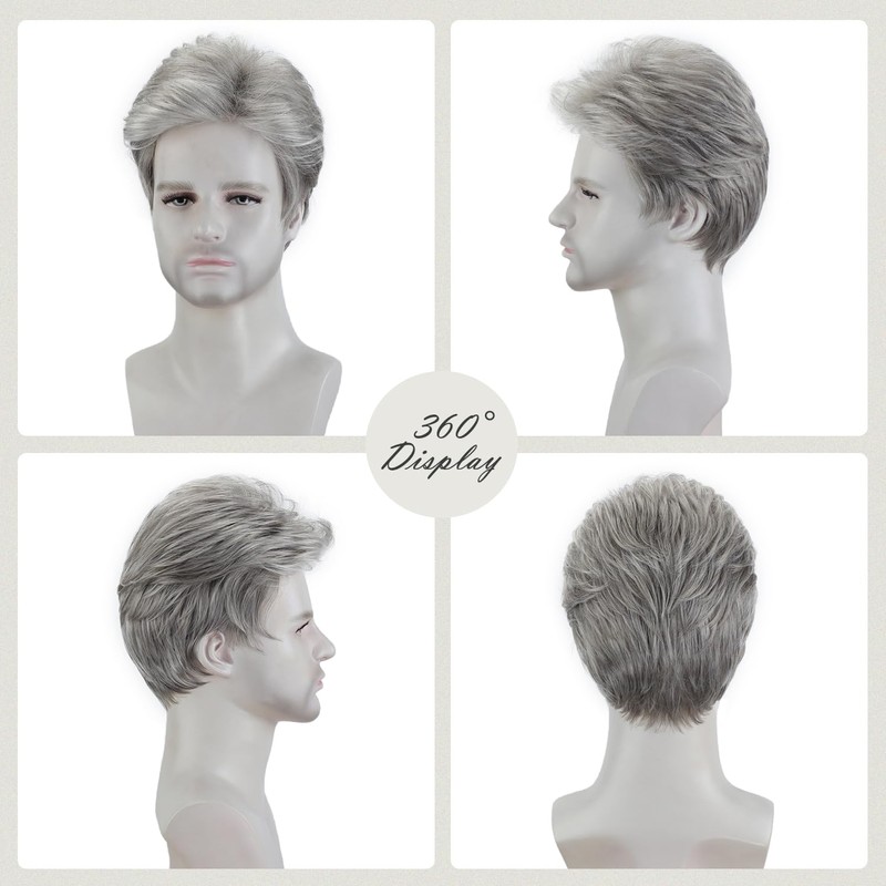 Mens Short Grey Silver Wigs Layered Natural Hair Costume Halloween