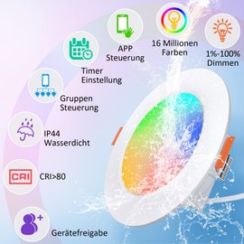 Unisun LED Recessed Spotlights, Dimmable, 7 W, Set of 4, Bluetooth RGB LED Spotlights, IP44 Spotlights, Ceiling Light, 230 V, Warm White, 2700 K, Mini Slim Ceiling Spotlight, Recessed Light for