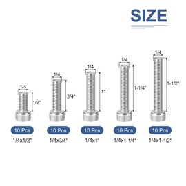 DTGN 50Pcs 1/4-20 Bolts Socket Head Screws Kit, 1/4-20 Screw Assortment, 304 Stainless Steel 1/4-20x1/2" 3/4" 1" 1-1/4" 1-1/2" Hex Socket Head Cap Screws Bolt Set for 3D Printing DIY