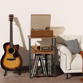 DALEMHOME Record Player Stand with Charging Station, Large Turntable Stand with Storage Up to 100 Albums, Record Table for Vinyl, 3 Tier End Table for Living Room, Bedroom, Music Room, Rustic Brown