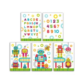 Poster for Children's Room, Robot Numbers, Letters, ABC Poster, Girls Boys, Decoration for Baby Room, Wall Pictures, A4 (Pack of 5)