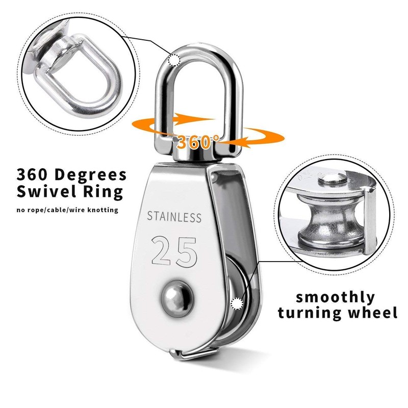 POFET 4Pcs Single Pulley Block, 304 Stainless Steel Pulley Roller,