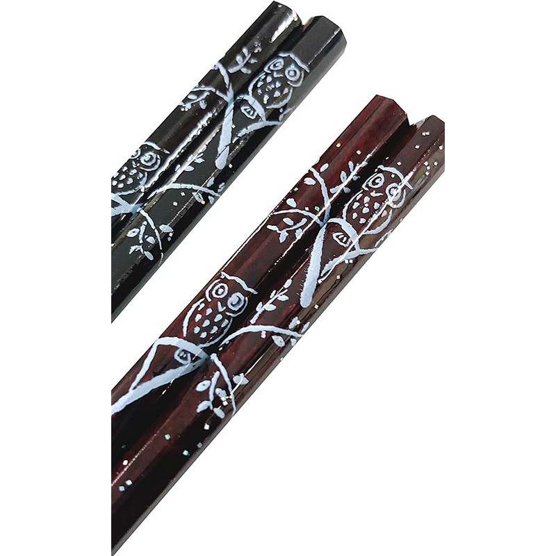 Couple Chopsticks Octagonal Owl Black Red Dishwasher Safe Design Paulownia