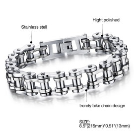 Cupimatch Cool Silver Stainless Steel Motorcycle Biker Chain Bracelet Punk Rock Link Wristband for Men, 8.5" (Silver)