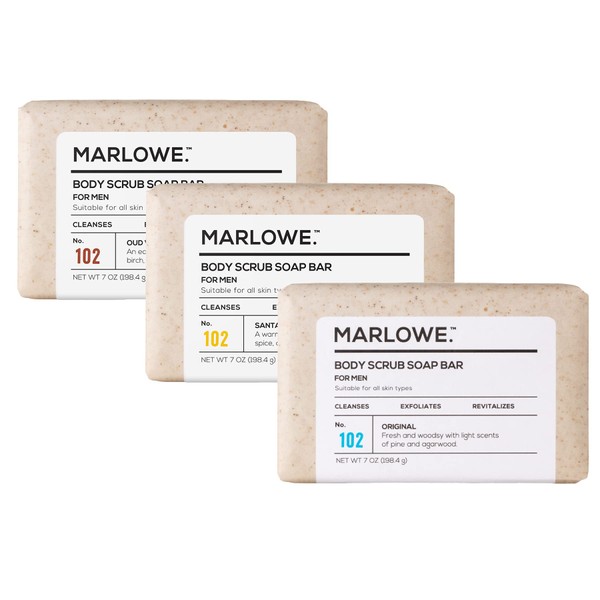MARLOWE. No. 102 Men's Body Scrub Soap 7oz (Variety Trio) | Best Exfoliating Bar for Men | Made w/Natural Ingredients | Green Tea Extract | Features 3 Amazing Scents