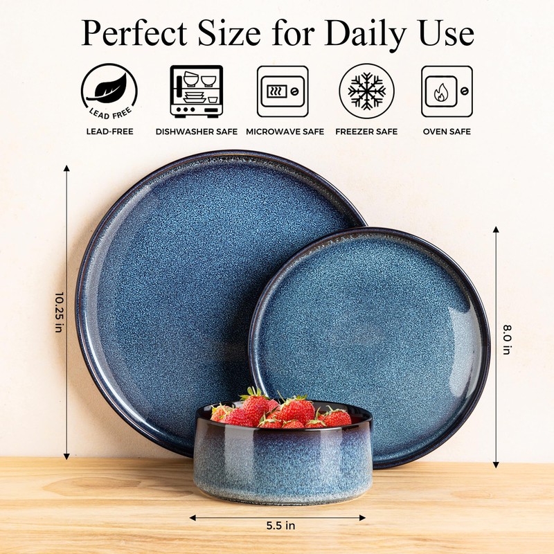 LERATIO Ceramic Dinnerware Sets for 4,Round Reactive Glaze Ceramic Plates