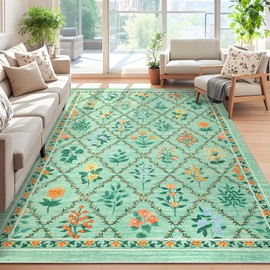 GarveeHome Farmhouse Area Rugs 5x7 Ultra-Soft Geometric Throw Rugs, Non-Shedding Flower Print Floor Carpet, Foldable Low Pile Indoor Mat for Living Room, Kitchen, Bedroom, Green