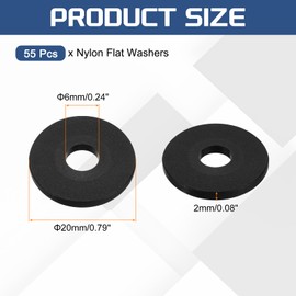 sourcing map 55Pcs M6 Nylon Flat Washers Plain Washer 6mm ID 20mm OD 2mm Thick Plastic Spacers for Screws Bolts Garden Faucet Plumbing Repair, Black