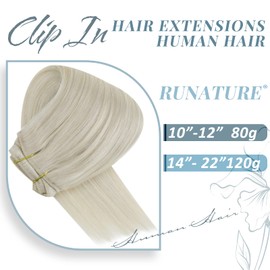 RUNATURE Clip-In Real Hair Extensions, White Blonde, 40 cm/16 Inches, Remy Hair Extensions, 120 g, Clip-In Short Extensions, Real Hair, Straight Colour #800