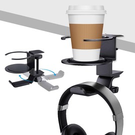 2RIYADH Soporte Giratorio para Auriculares, 360° Base Audífonos, Fuerte Buena Capacidad Carga, Soporte para Auriculares y Portavasos 2 en 1, Sin Perforación, Gira Bajo la Mesa para Ahorrar Espacio